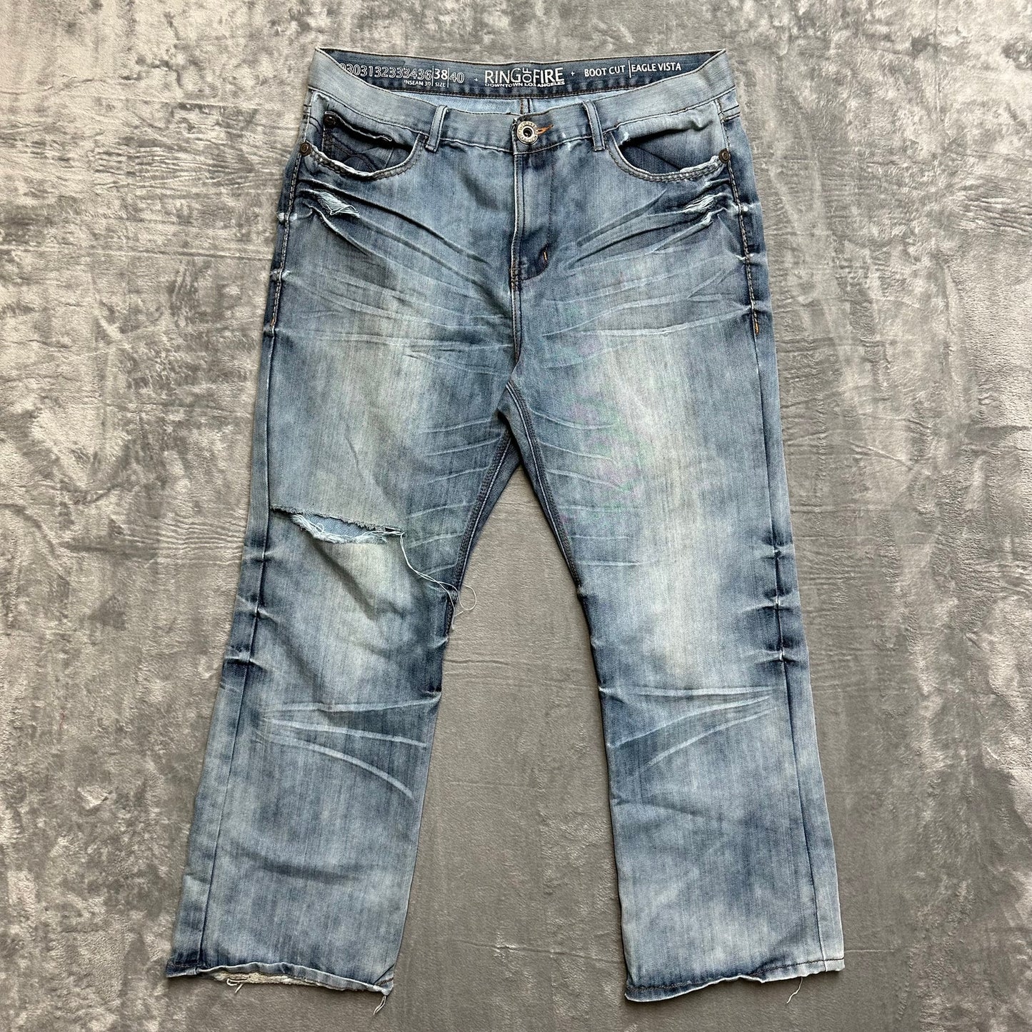 Vintage Ring of Fire Distressed Embroidered Bootcut Jeans Men’s Size 38x30 Blue