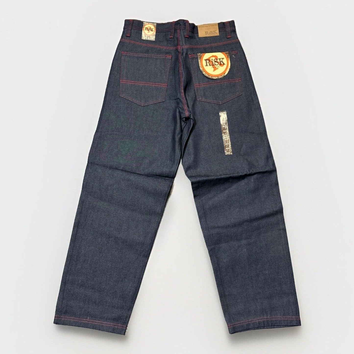 Vintage New RISK Relaxed Straight Jeans Men's Size 34x34 Blue Red Stitch Denim