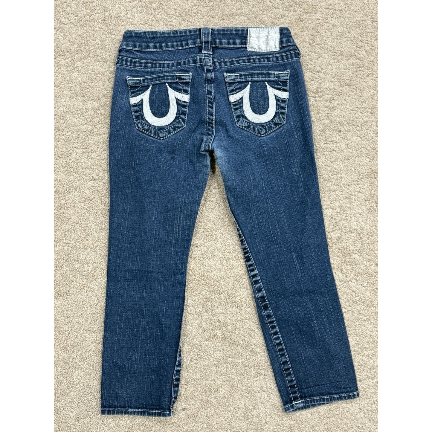 True Religion Low Rise Dark Wash White Seams w/ Glitter Women's Jeans Size 26