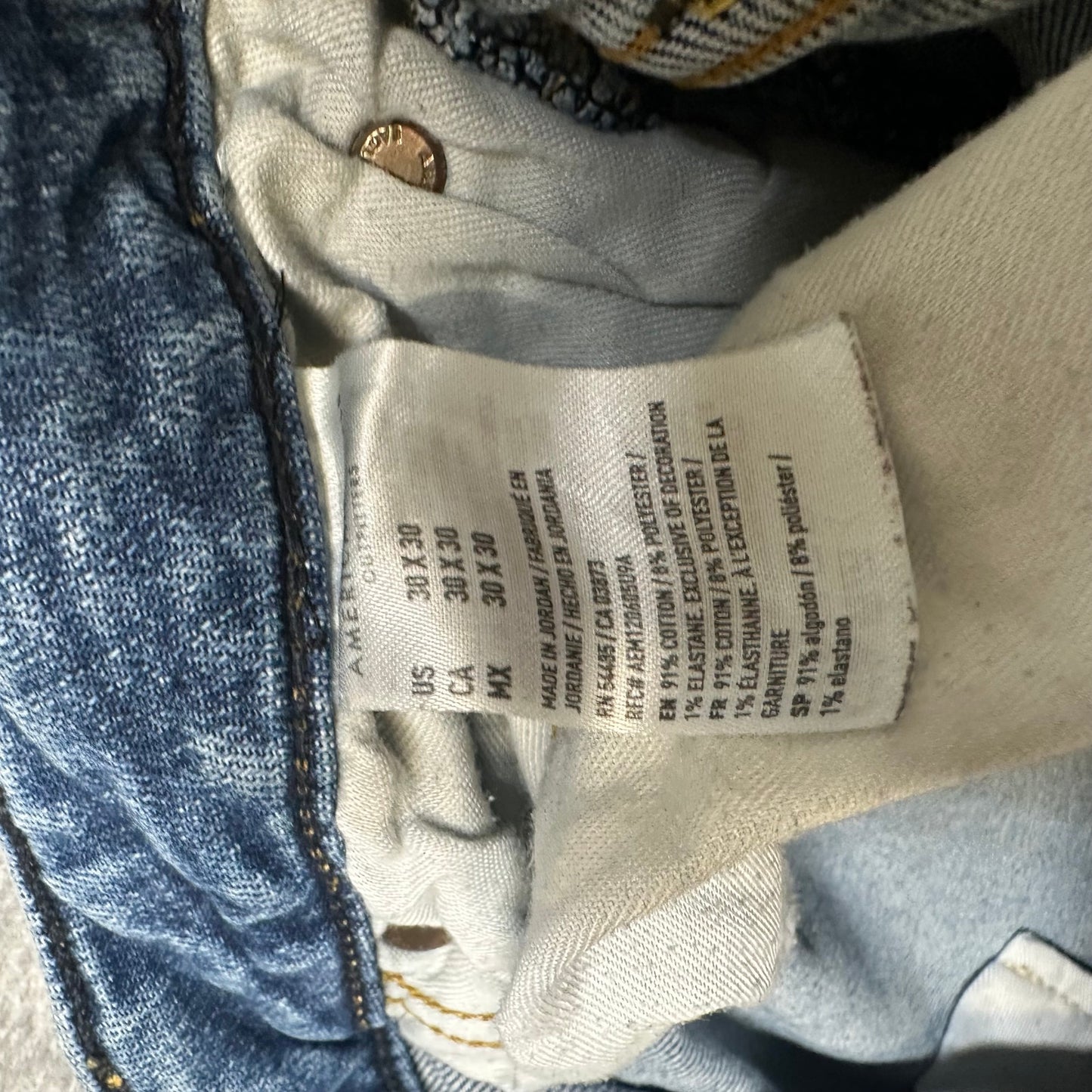 Lot of 3 Work Jeans Mens Size 30x30 Levi’s American Eagle Wrangler Blue Denim