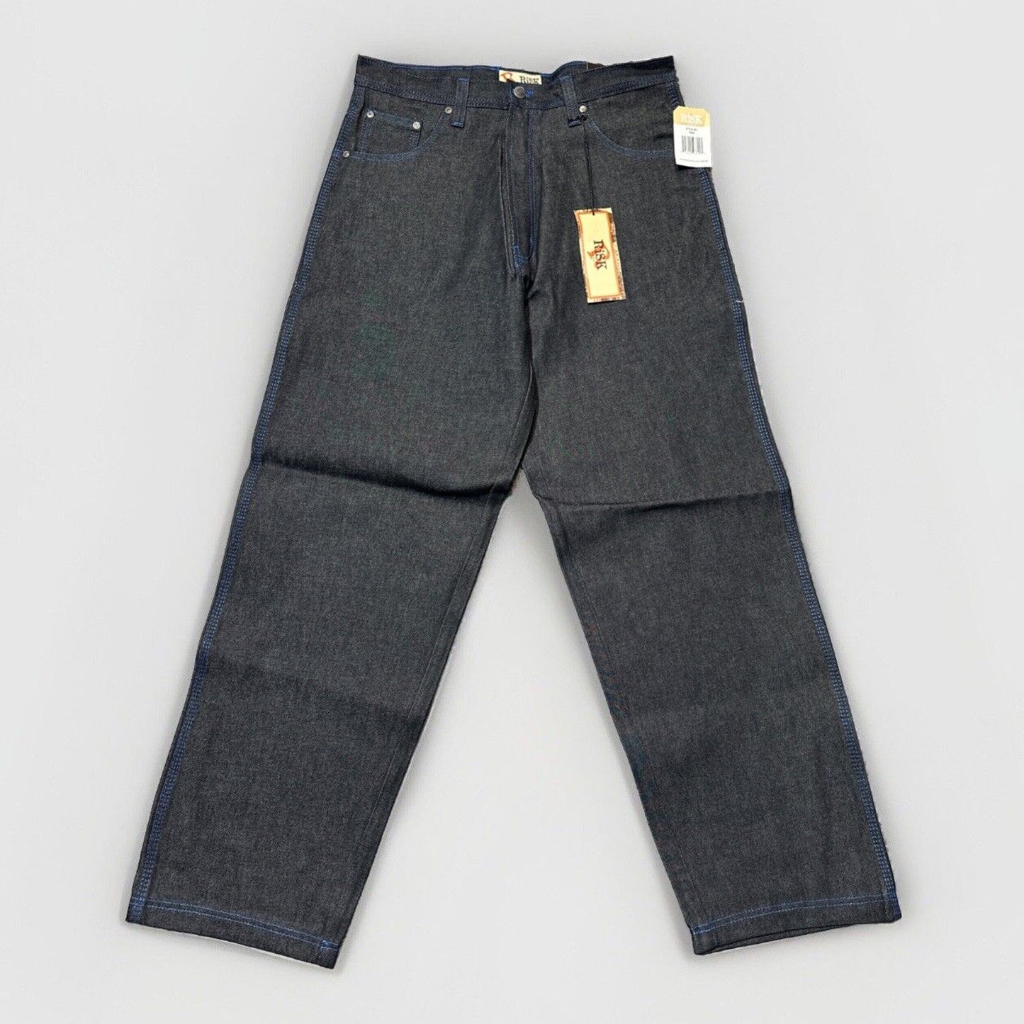 Vintage New RISK Relaxed Straight Jeans Men's Size 34 Black Blue Stitch Denim