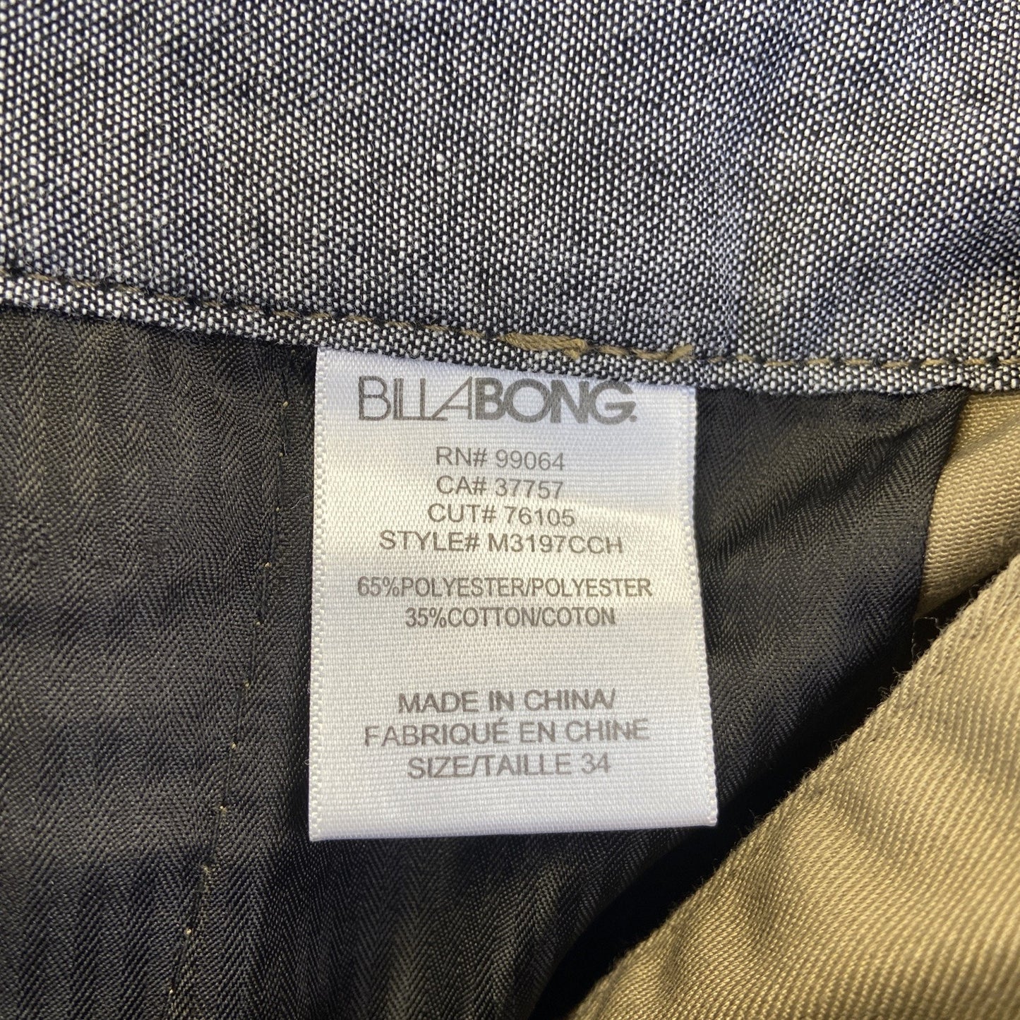Billabong Carter Straight Casual Chino Pants Men's Size 34 Brown Tan