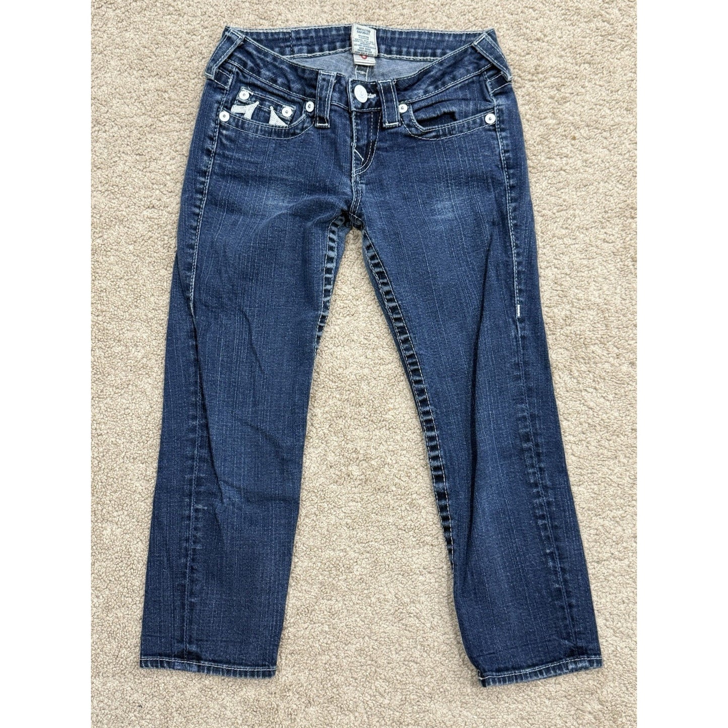 True Religion Low Rise Dark Wash White Seams w/ Glitter Women's Jeans Size 26
