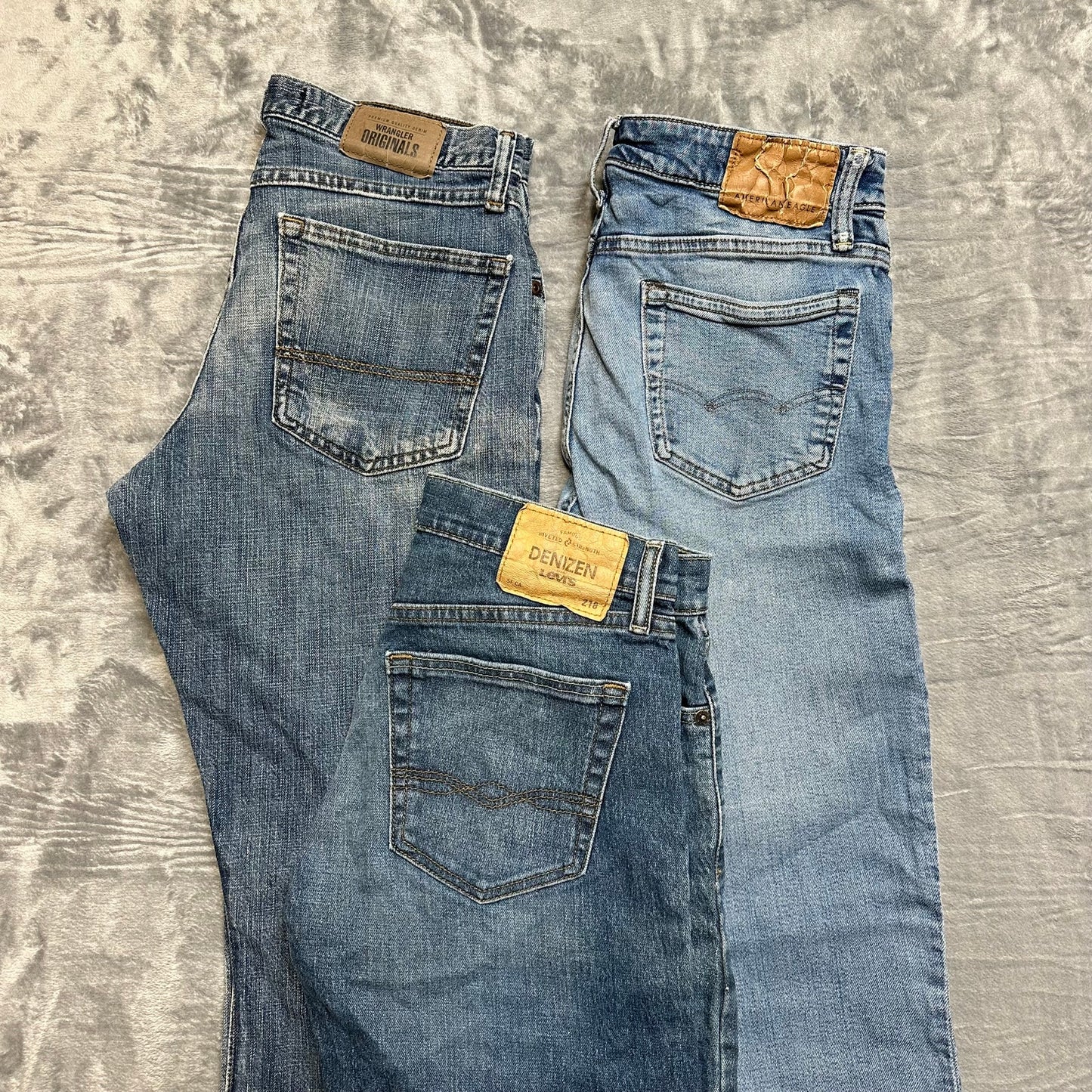 Lot of 3 Work Jeans Mens Size 30x30 Levi’s American Eagle Wrangler Blue Denim