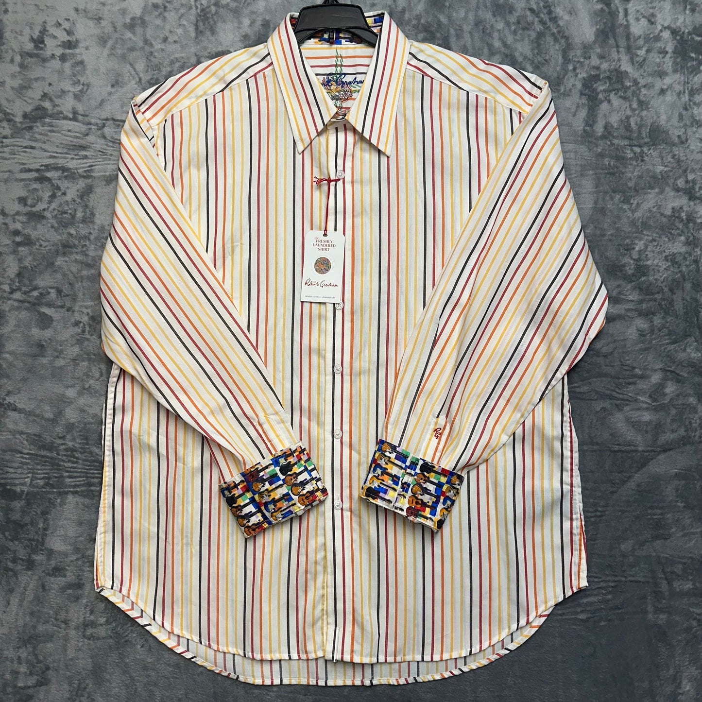 New Robert Graham Men's Striped Dress Shirt Size 2XL Orange White Guitar Music
