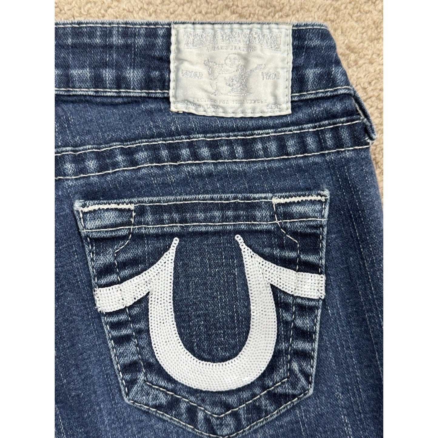 True Religion Low Rise Dark Wash White Seams w/ Glitter Women's Jeans Size 26