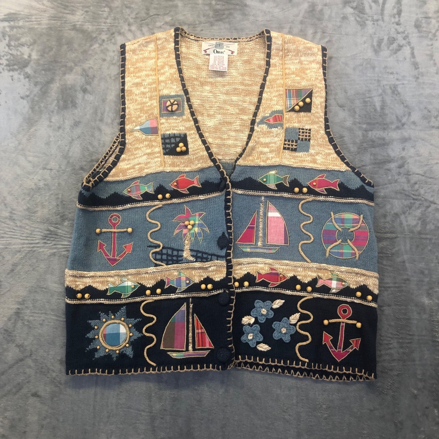 New Vintage Orvis Knitted Sweater Vest Women's XL Tan Blue Embroidered Nautical