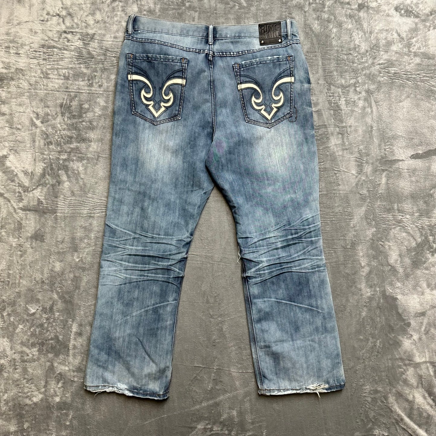 Vintage Ring of Fire Distressed Embroidered Bootcut Jeans Men’s Size 38x30 Blue