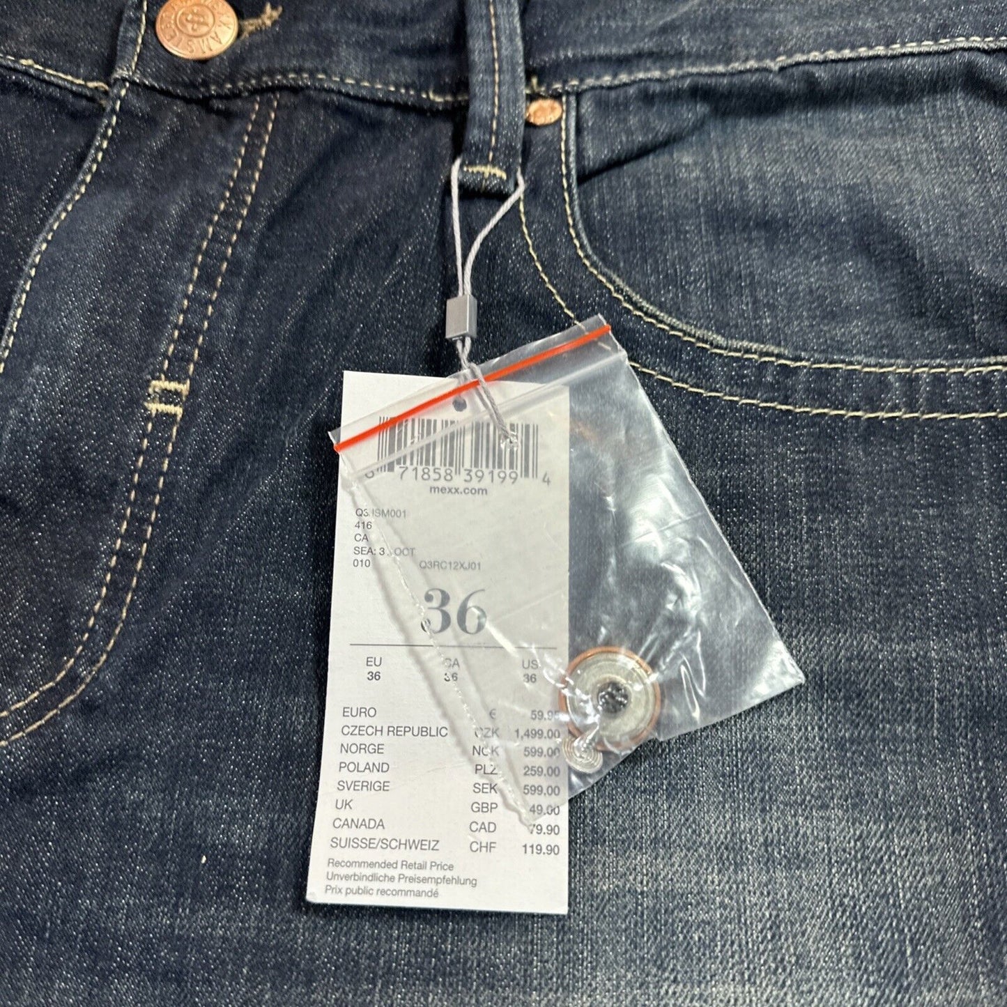 New Mexx Regular Straight Leg Jeans Men's Size 36x34 Dark Blue Denim