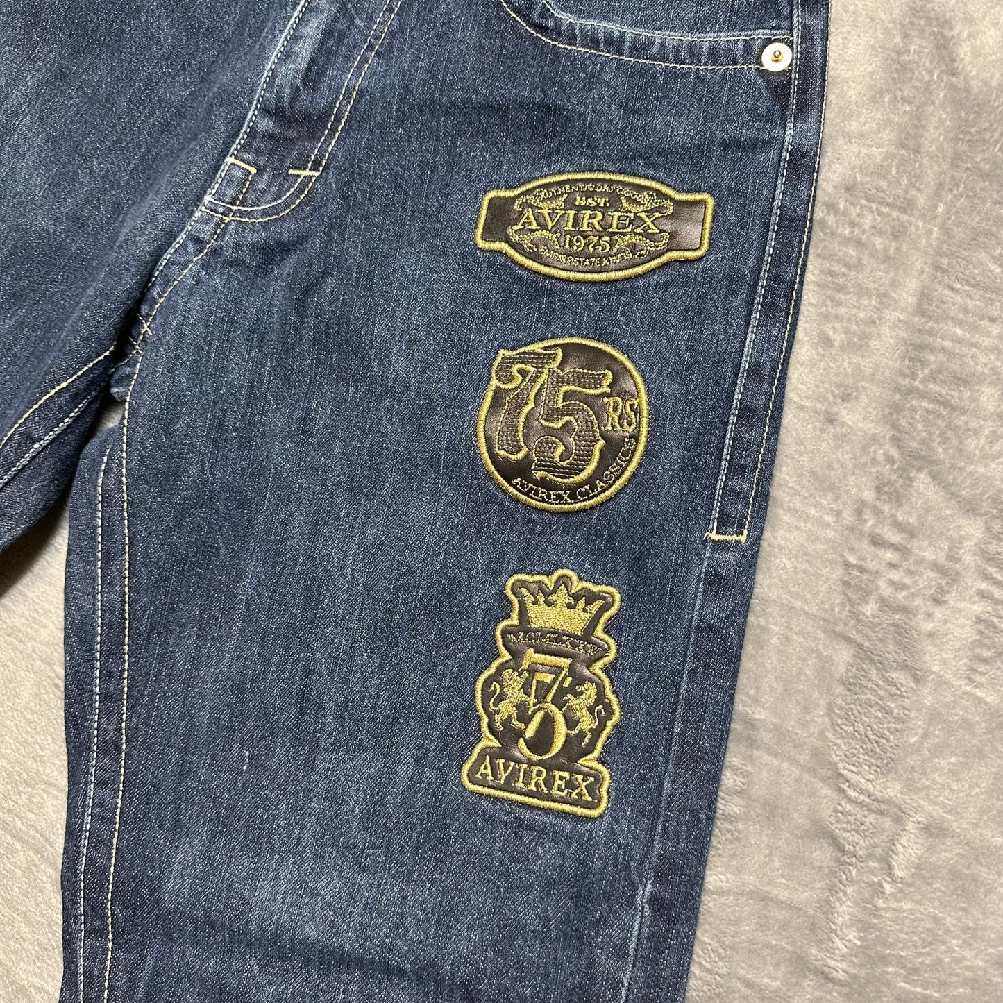 Vintage New Averix Patched Bootcut Baggy Jeans Men’s Size 30x32 Dark Blue
