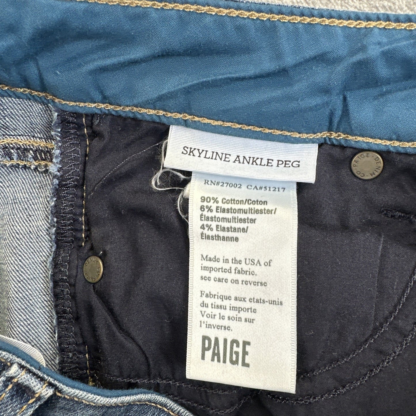 Paige Skyline Ankle Peg Skinny Jeans Women's Size 27 Blue Denim