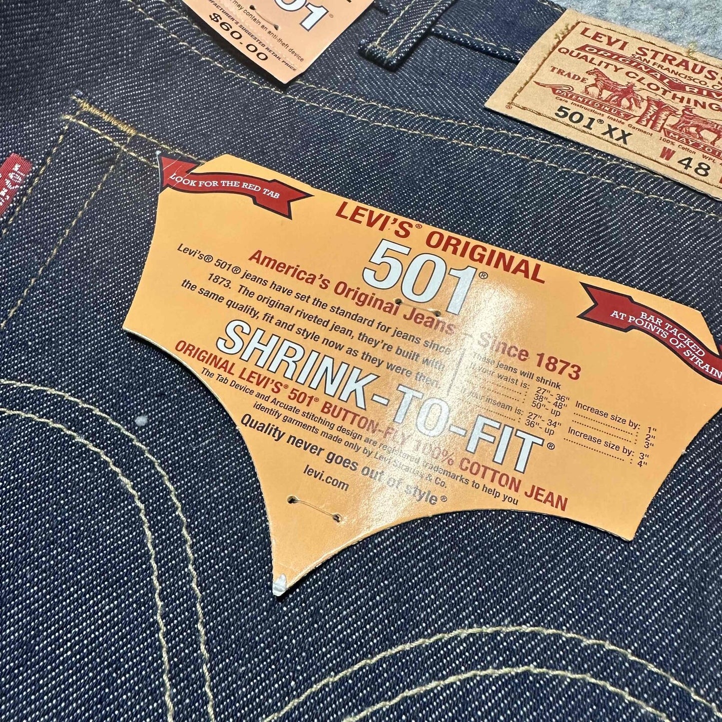 New Vintage Levis 501XX Shrink To Fit Men's Straight Jeans Size 48x32 Blue Dark