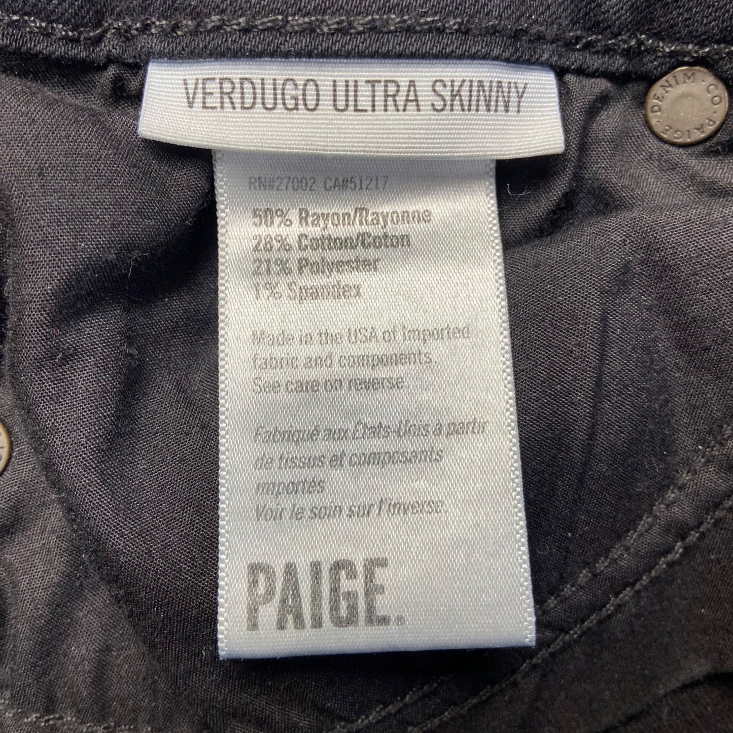 Paige Verdugo Ultra Skinny Women's Jeans Size 28 Black Rayon Blend