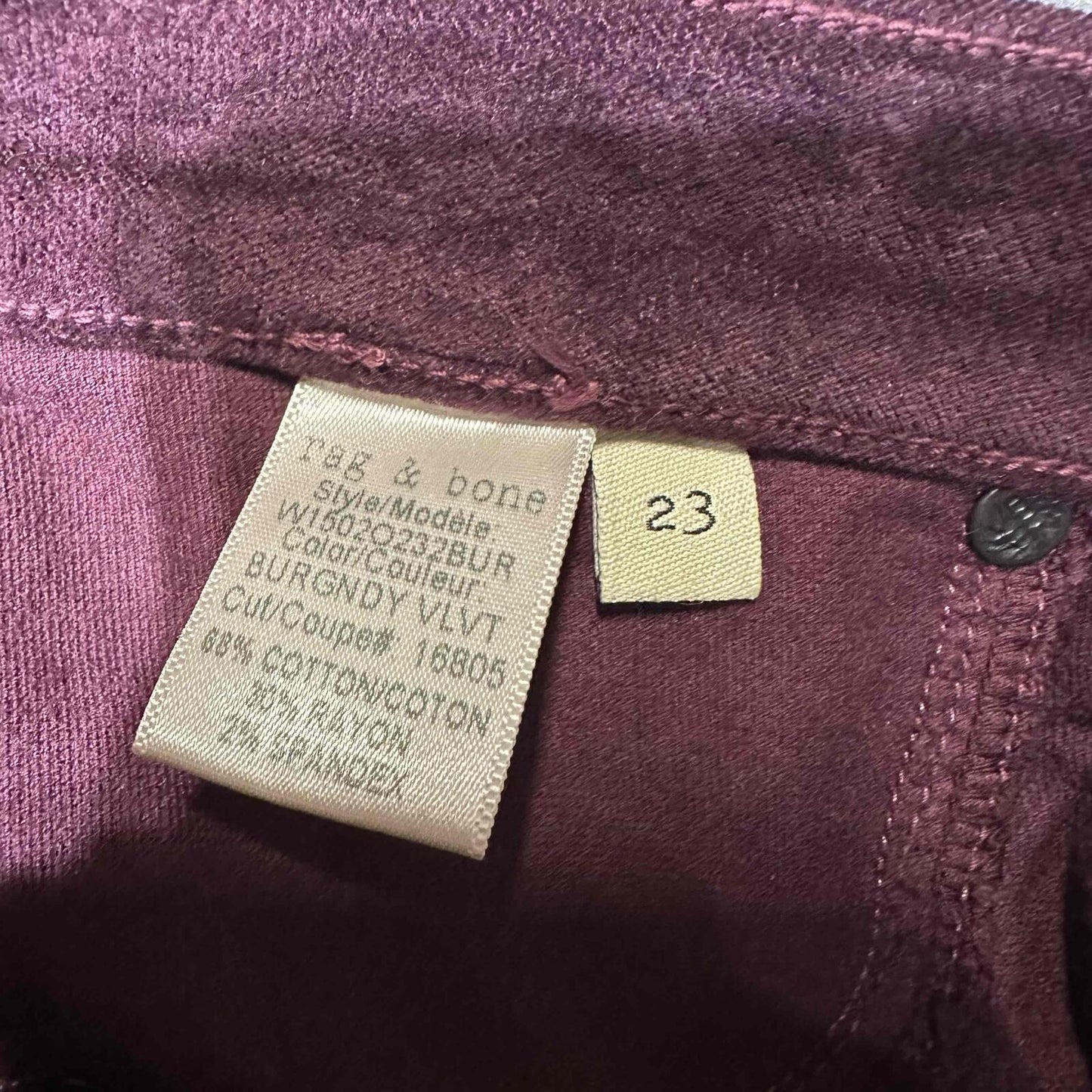 Rag & Bone Women's Velvet Skinny Corduroy Jeans Size 23 Burgundy Dark Wash