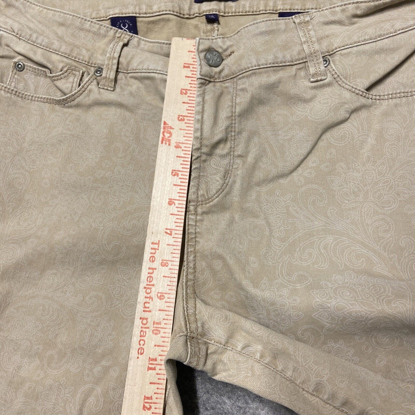 NYDJ Ankle Jeans Women's Size 12 Beige Jacquard Damask Print Patterned Jeans