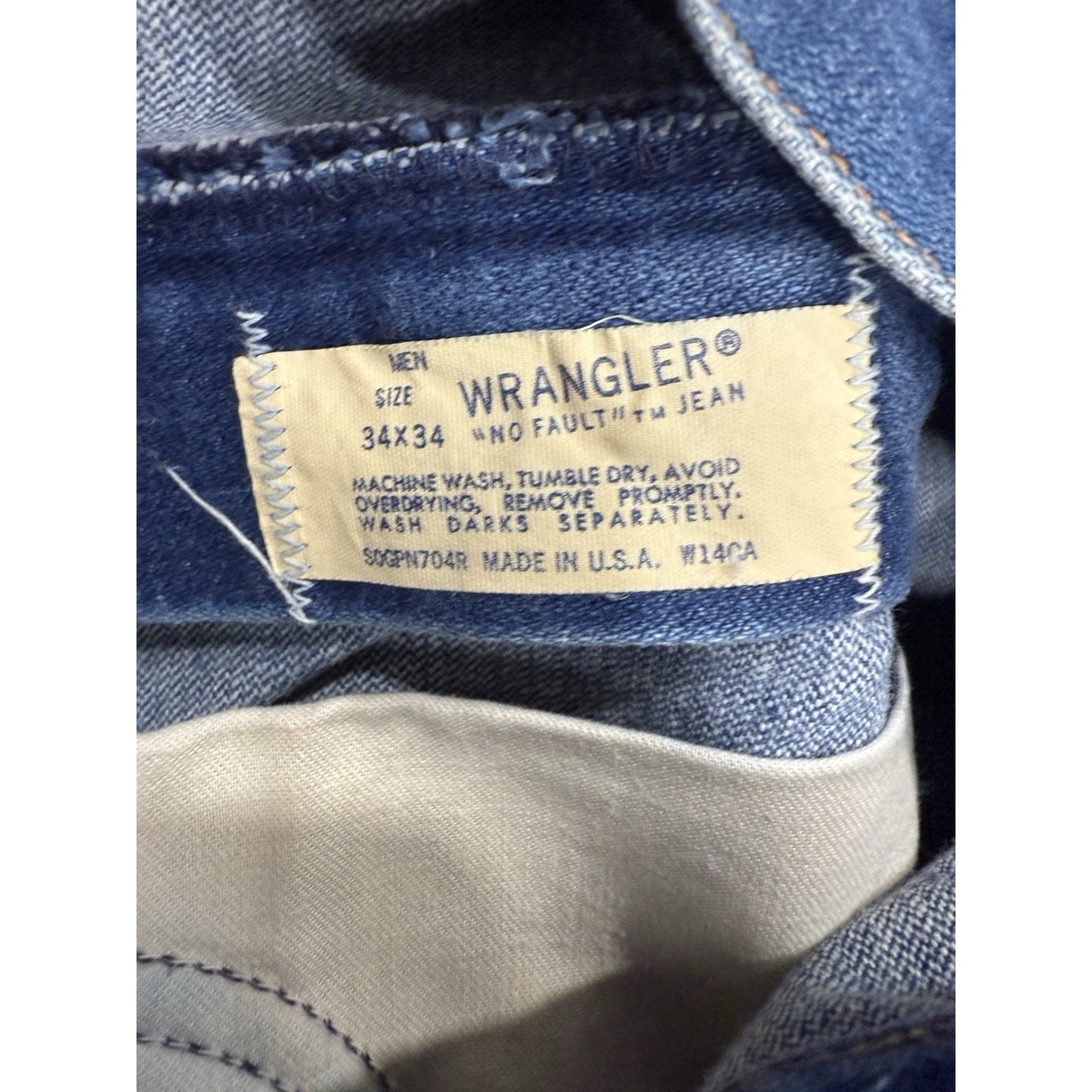 Vintage Wrangler NO FAULT Mens Blue Jeans Cowboy Cut Original Fit - 34 X 34
