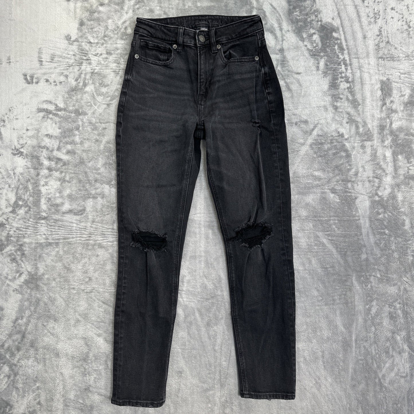 American Eagle Stretch Distressed Mom Jeans Women's Size 00 R Black Denim