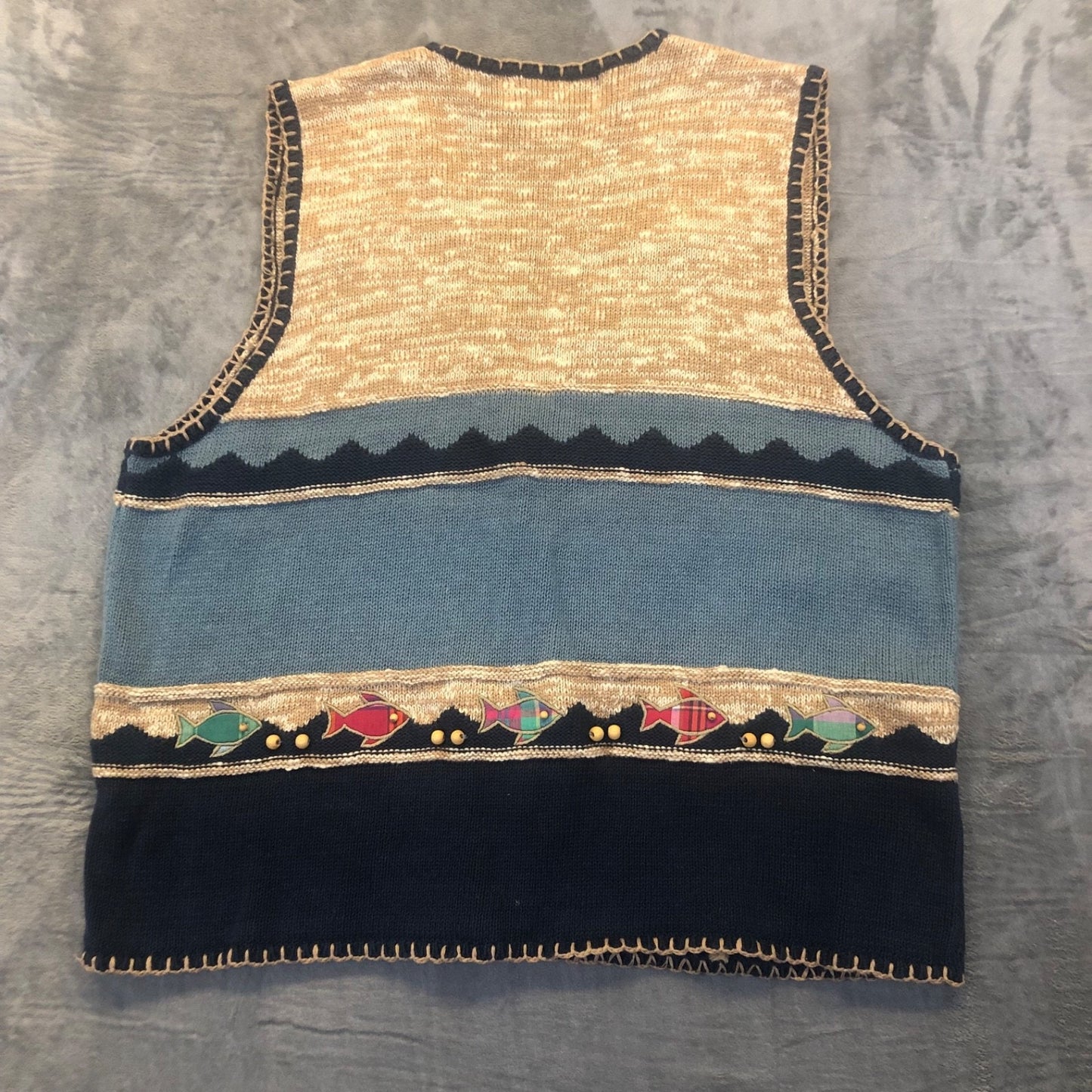 New Vintage Orvis Knitted Sweater Vest Women's XL Tan Blue Embroidered Nautical