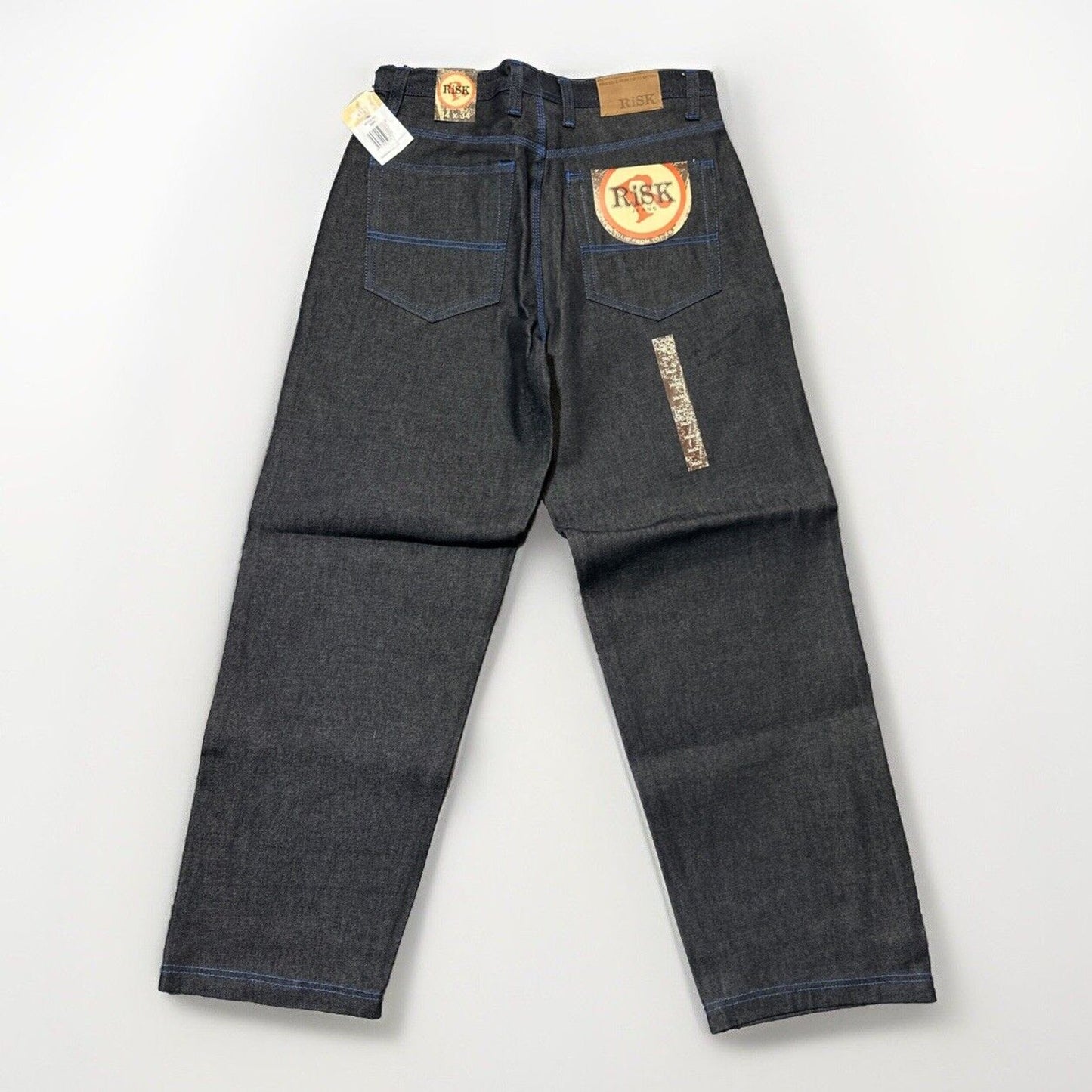 Vintage New RISK Relaxed Straight Jeans Men's Size 34 Black Blue Stitch Denim