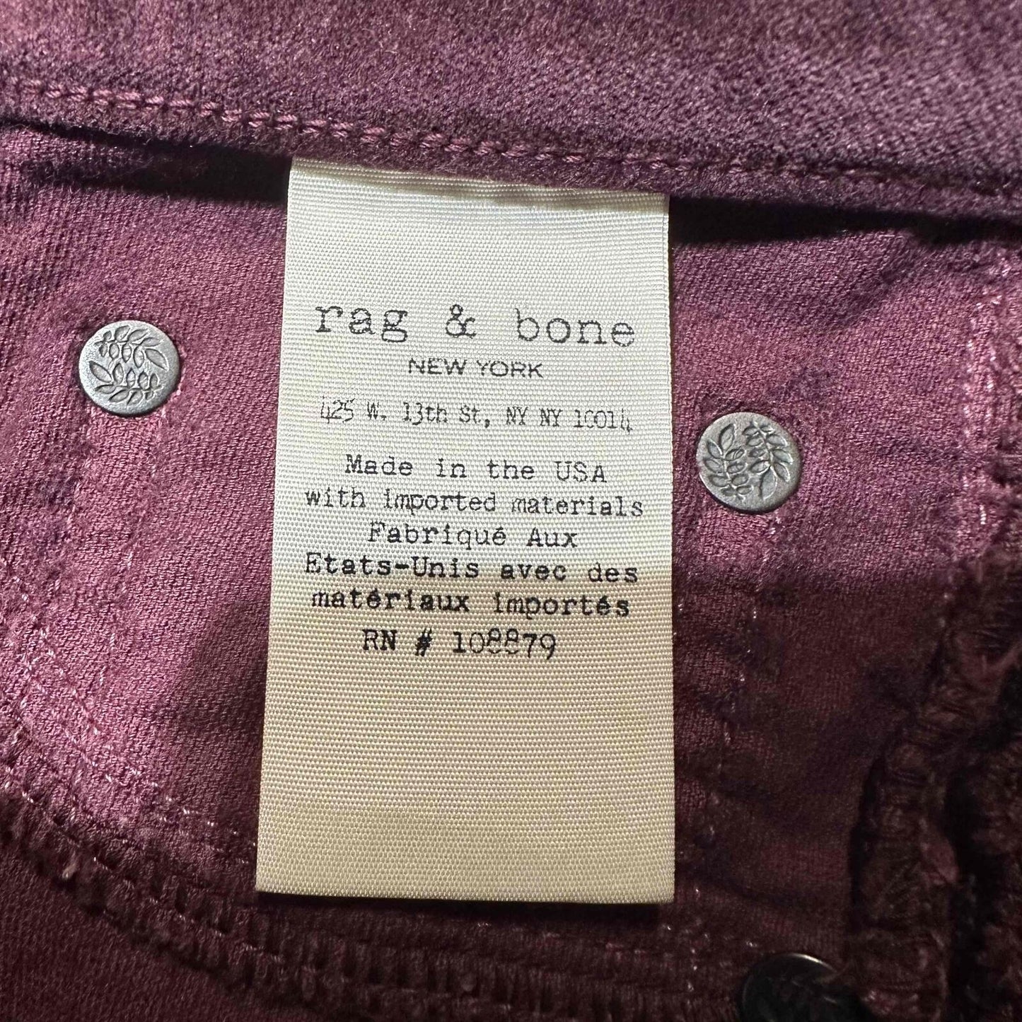 Rag & Bone Women's Velvet Skinny Corduroy Jeans Size 23 Burgundy Dark Wash