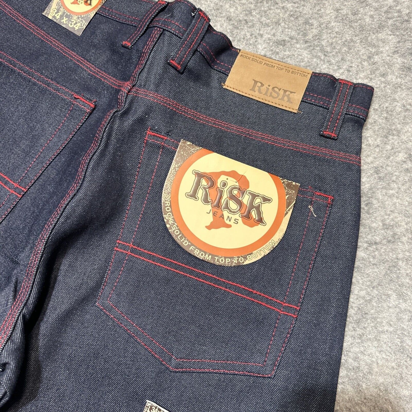 Vintage New RISK Relaxed Straight Jeans Men's Size 34x34 Blue Red Stitch Denim