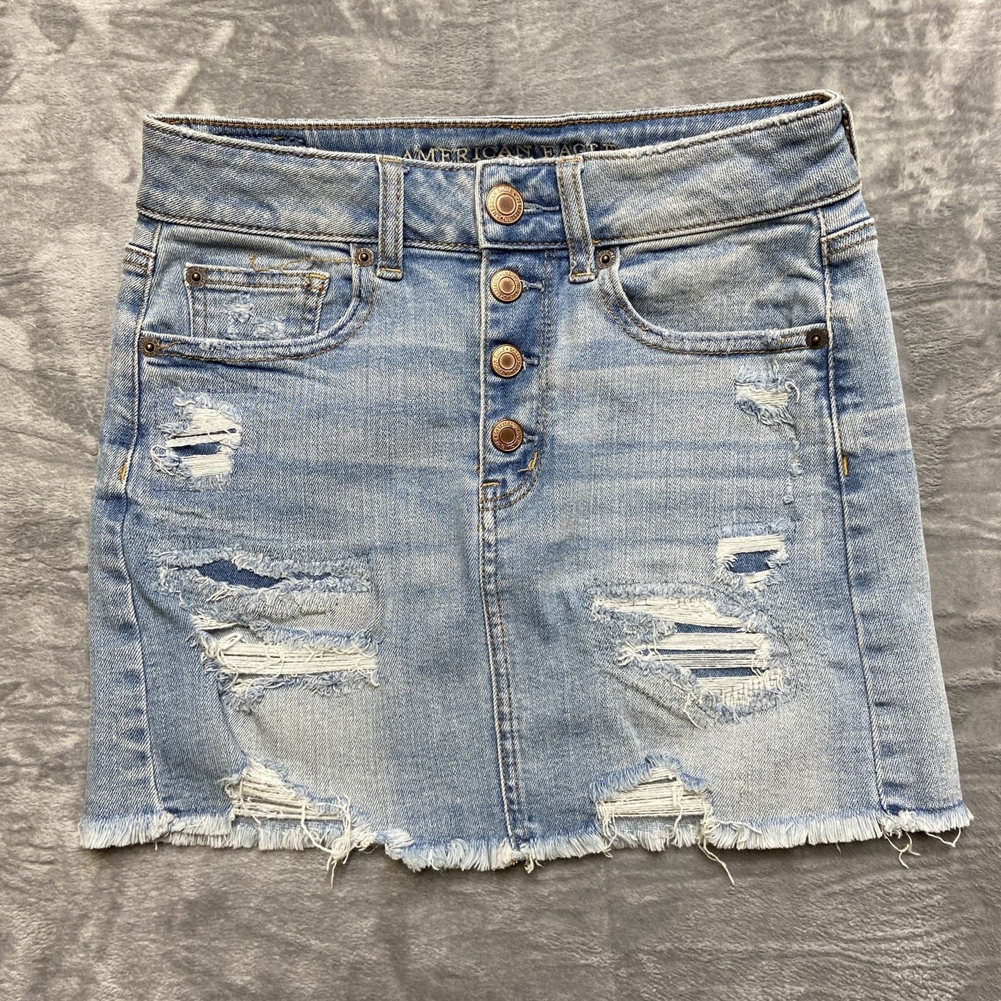 American Eagle Distressed Hi Rise Mini Skirt Women Size 2 R Blue Denim