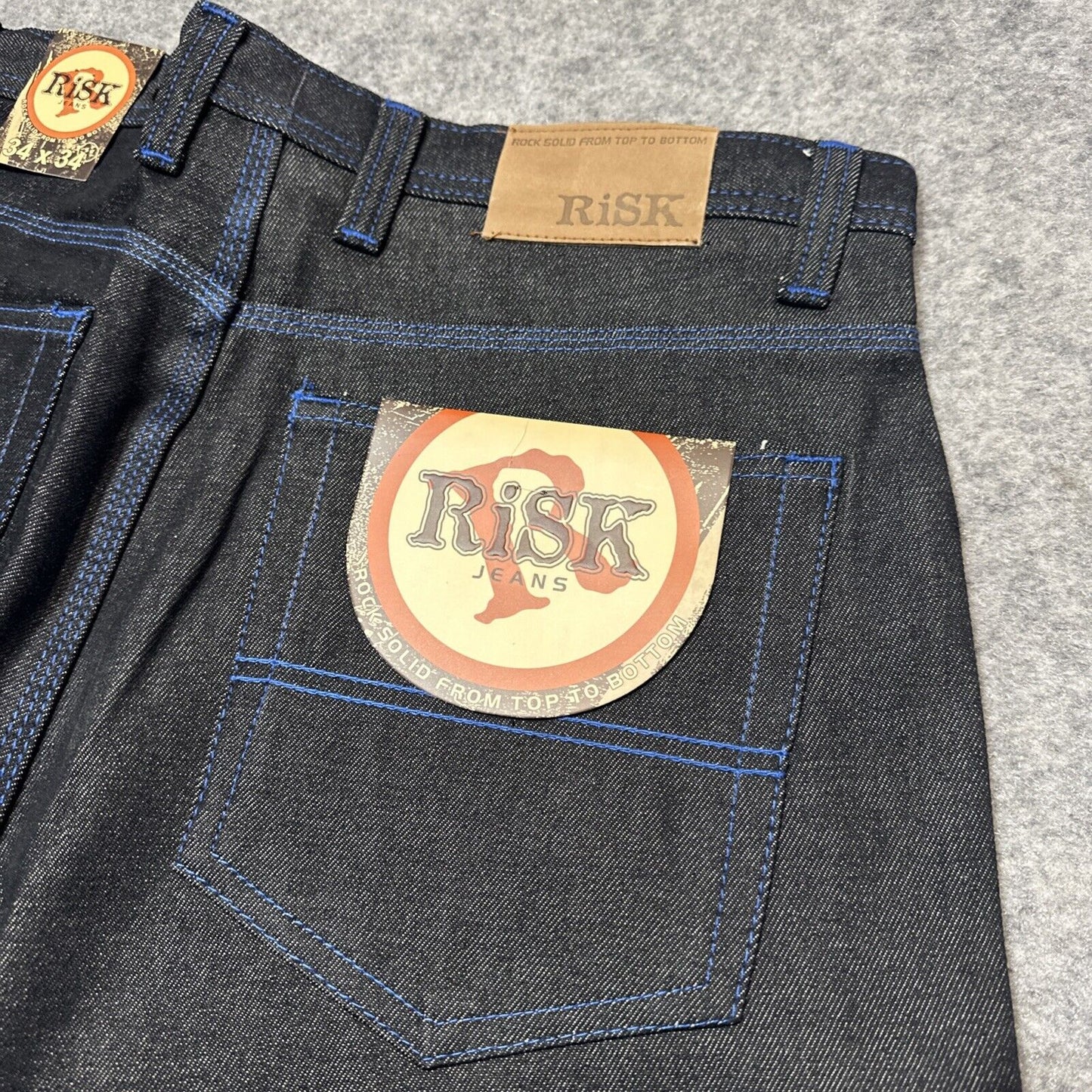 Vintage New RISK Relaxed Straight Jeans Men's Size 34 Black Blue Stitch Denim