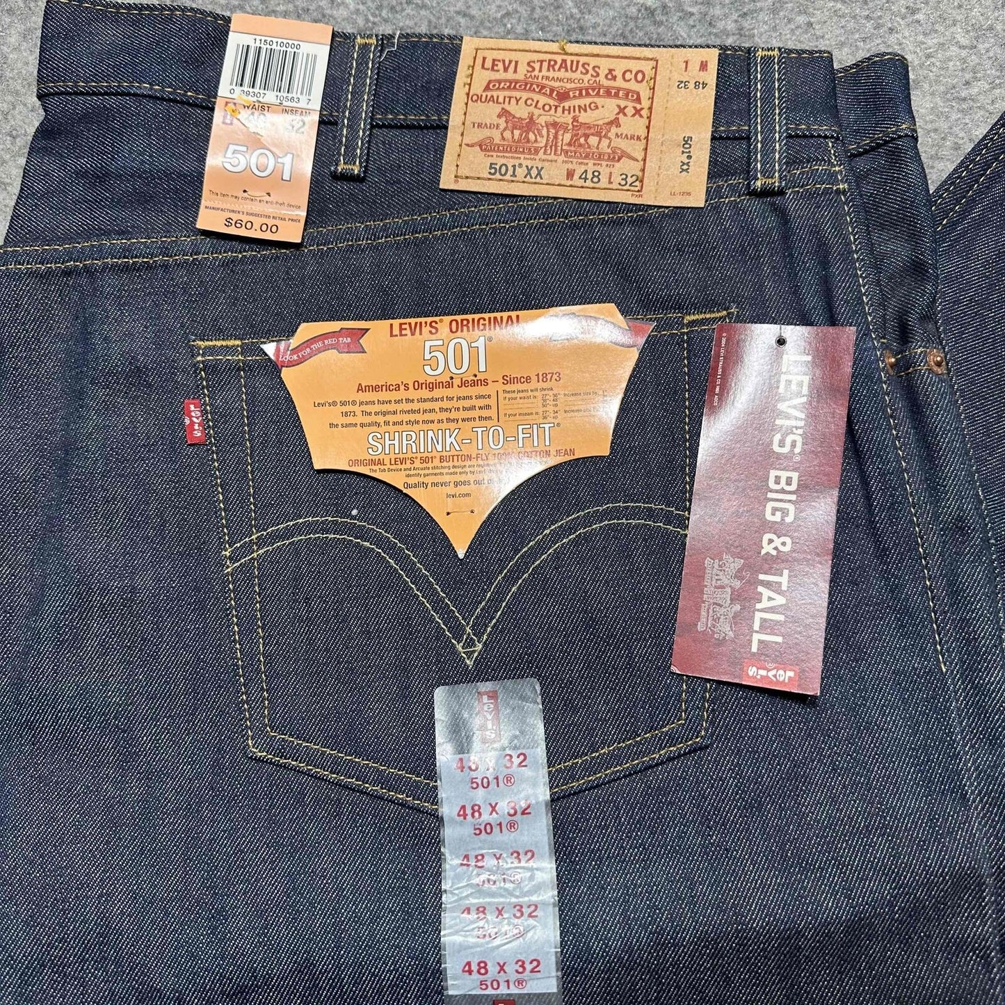 New Vintage Levis 501XX Shrink To Fit Men's Straight Jeans Size 48x32 Blue Dark