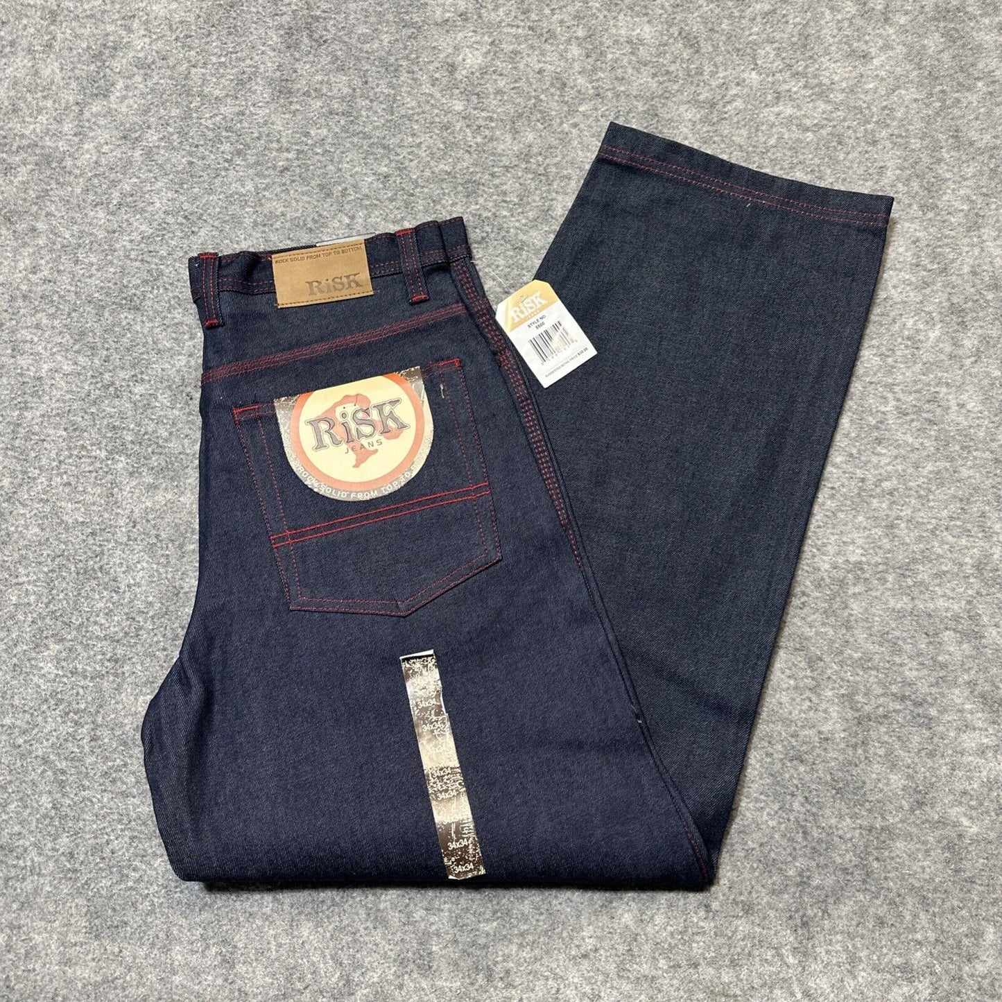Vintage New RISK Relaxed Straight Jeans Men's Size 34x34 Blue Red Stitch Denim
