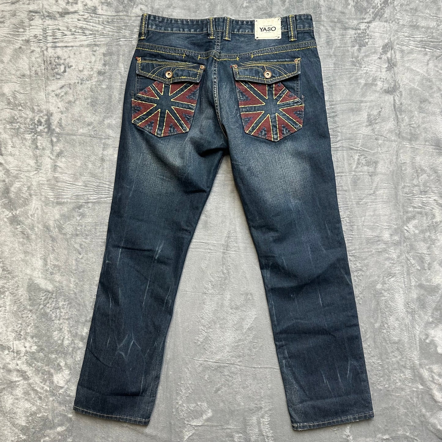 Vintage New Yaso Bootcut Jeans Men's Size 36x32 Dark Blue Denim Embroidered