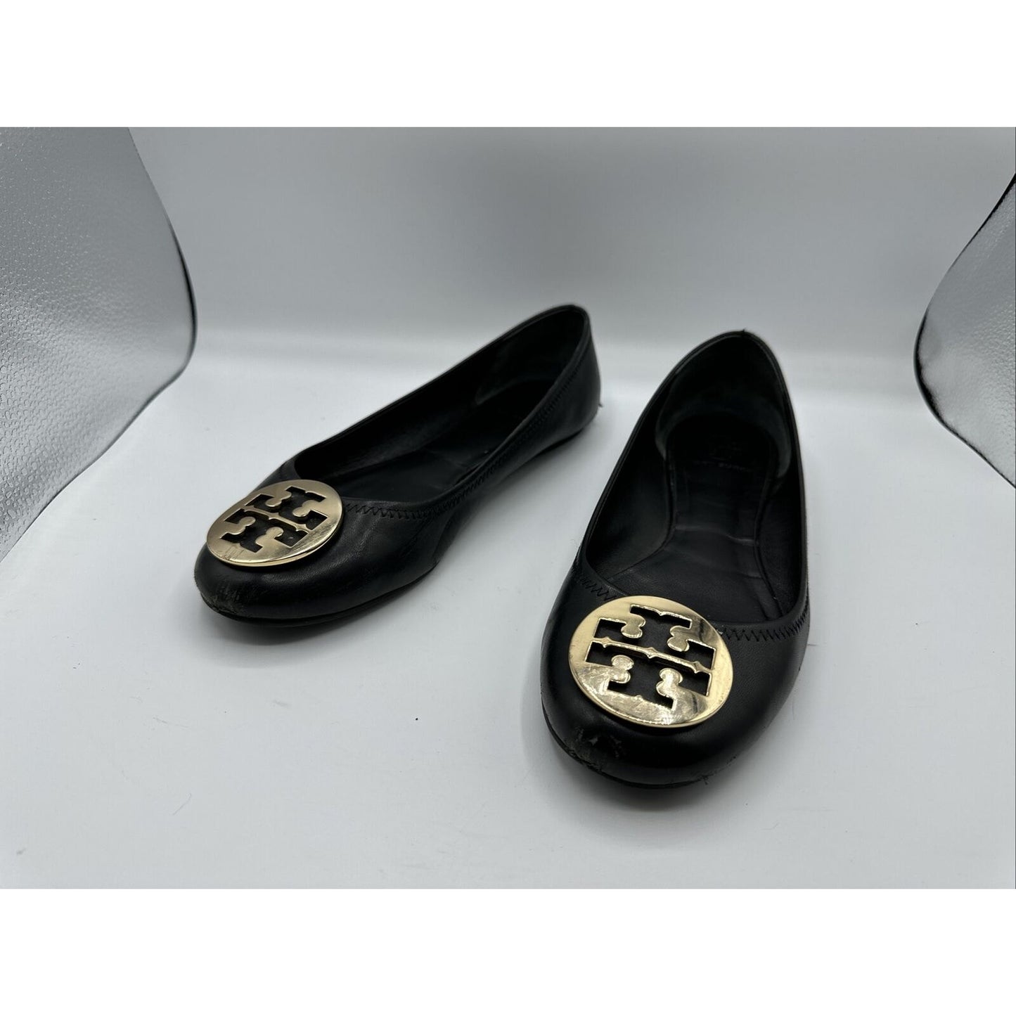 Women's Tory Burch Reva Mestico Ballet Flats Shoes Black Leather Size 9.5