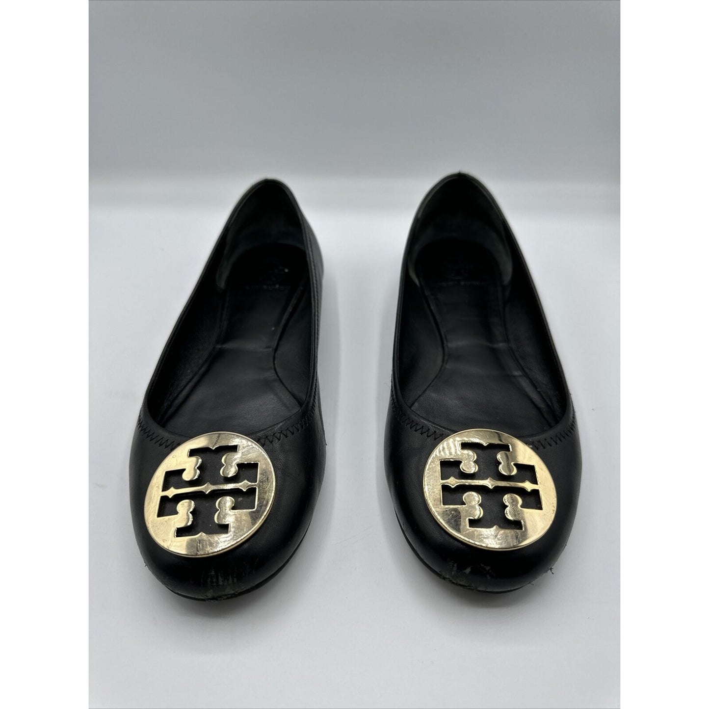 Women's Tory Burch Reva Mestico Ballet Flats Shoes Black Leather Size 9.5