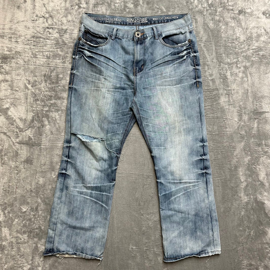 Vintage Ring of Fire Distressed Embroidered Bootcut Jeans Men’s Size 38x30 Blue