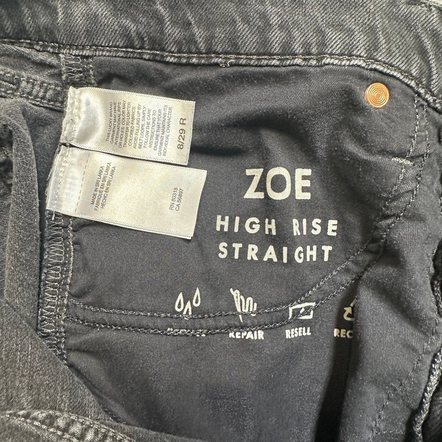 Lucky Brand Distressed Zoe High Rise Straight Jeans Men's Size 8/29R Black Denim