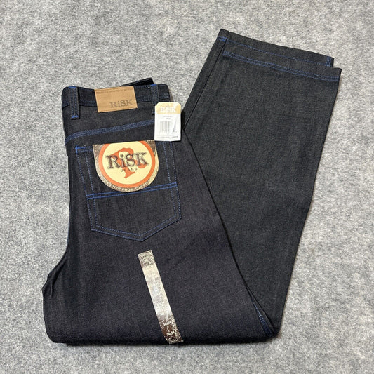 Vintage New RISK Relaxed Straight Jeans Men's Size 34 Black Blue Stitch Denim