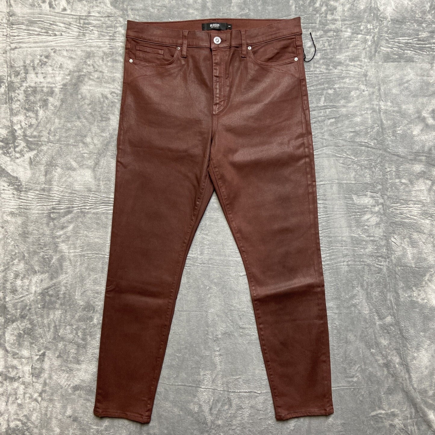 New Hudson Leather Coated Nico Mid Rise Skinny Ankle Jeans Women’s Size 34 Brown