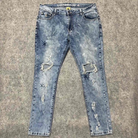 Grindhouse Denim Men's Distressed Skinny Jeans Size 36x32 Blue Light Wash Denim