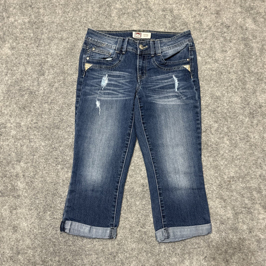 LEI Ashley Low Rise Women's Distressed Capri Jeans Size 9 Reg Blue Dark Denim