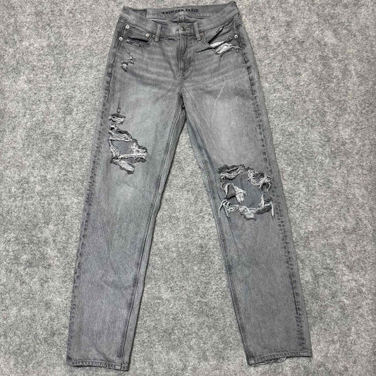 American Eagle 90s Women's Distressed Straight Jeans Size 0R Grey Denim