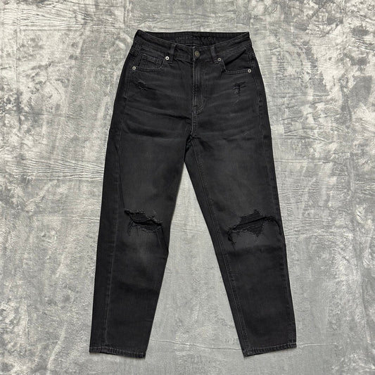 American Eagle Distressed Mom Straight Jean Women's Sz 0 Short Black Denim
