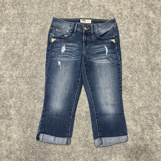 LEI Ashley Low Rise Women's Distressed Capri Jeans Size 9 Reg Blue Dark Denim