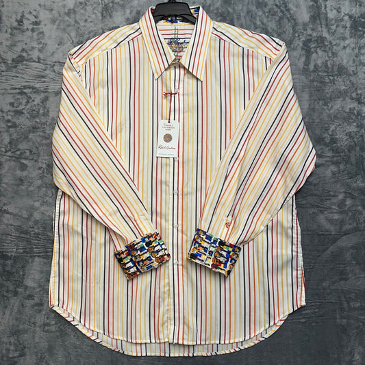 New Robert Graham Men's Striped Dress Shirt Size 2XL Orange White Guitar Music