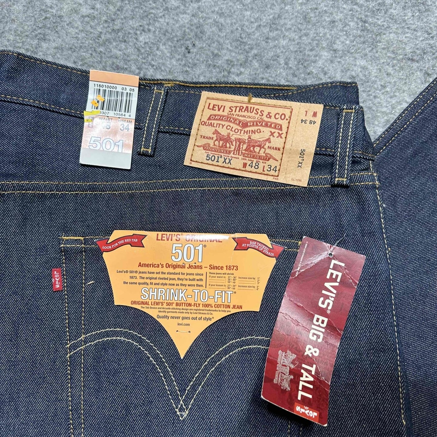 New Levis 501XX Original Shrink To Fit Men's Straight Jeans Size 48x34 Blue Dark