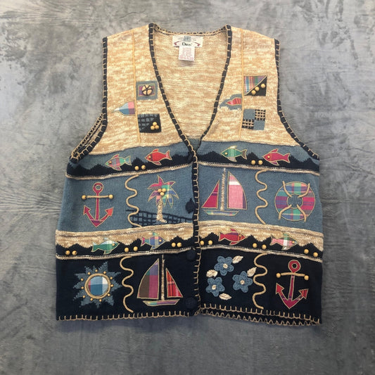 New Vintage Orvis Knitted Sweater Vest Women's XL Tan Blue Embroidered Nautical
