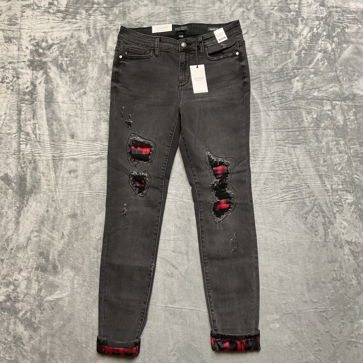 New Judy Blue Distressed Mid Rise Skinny Fit Jeans Women's Size 7/28 Black Denim
