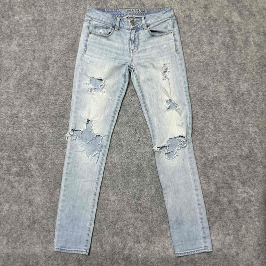 American Eagle Women's Distressed Skinny Jeans Size 0 Regular Blue Light Denim