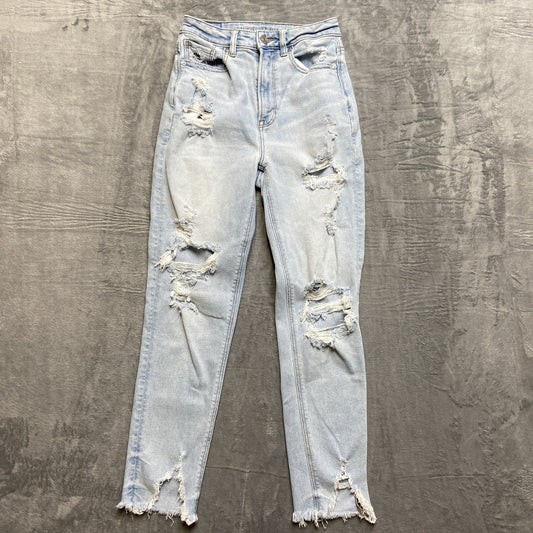 American Eagle Stretch Distressed High Rise Mom Jeans Womens Size 0R Light Blue