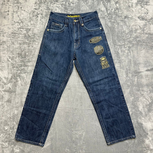Vintage New Averix Patched Bootcut Baggy Jeans Men’s Size 30x32 Dark Blue