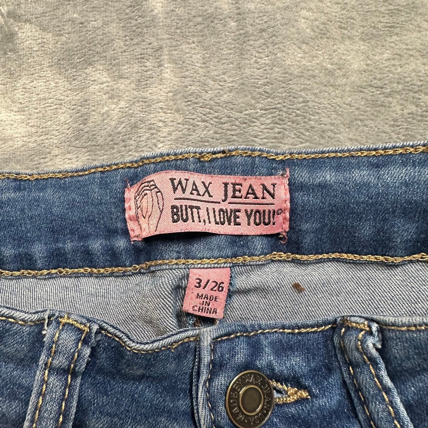 Wax Distressed Butt I Love You Skinny Jeans Women's Size 26 Blue Denim