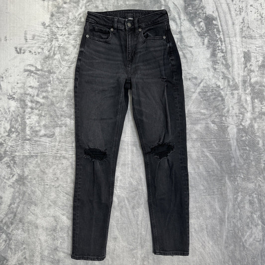 American Eagle Stretch Distressed Mom Jeans Women's Size 00 R Black Denim